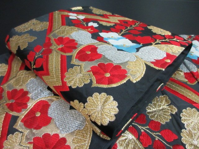 1円 良品 袋帯 正絹 和装 和服 松皮菱 桐 草花 刺繍 お洒落 六通柄 長さ432cm【夢職】★拍卖