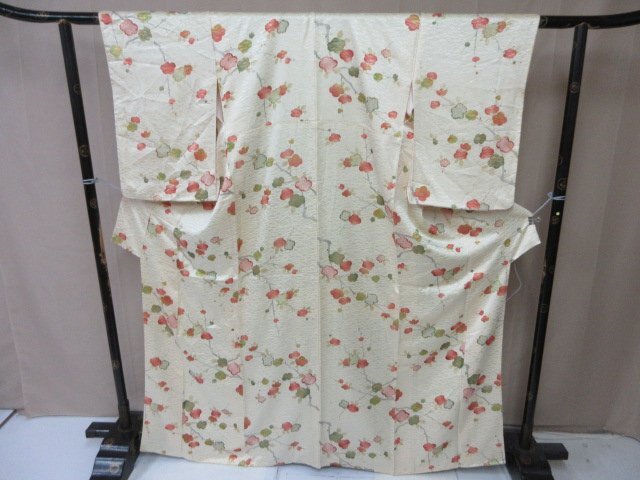 1円 中古 小紋 正絹 着物 縮緬 和服 和服 アンティーク 芝草 枝梅 草花 お洒落 高級 袷 身丈156cm 裄63cm【夢職】★拍卖