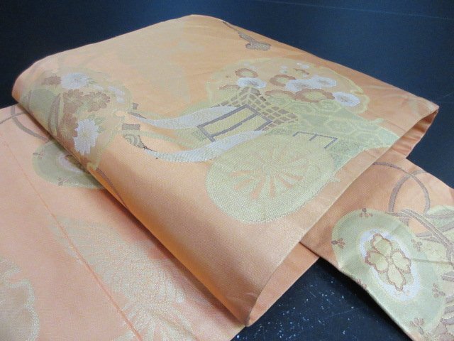 1円 中古 名古屋帯 正絹 和装 和服 アンティーク 御所車 草花 鼓 雪輪取り 六通柄 九寸帯 長さ350cm【夢職】★拍卖