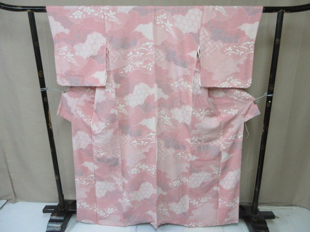1円 中古 訪問着 正絹 着物 縮緬 式典 和装 和服 雲取り 亀甲 枝葉 草花 高級 袷 身丈154cm 裄66cm【夢職】★拍卖