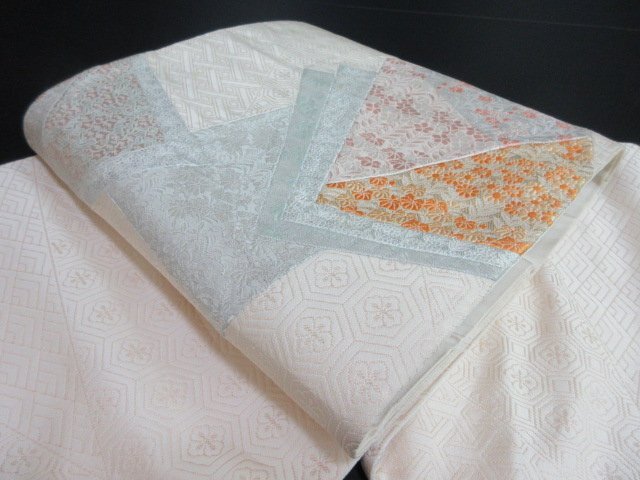 1円 中古 袋帯 正絹 和装 和服 アンティーク 亀甲 草花 色紙 お洒落 六通柄 長さ436cm【夢職】★拍卖