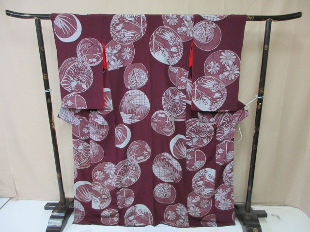 1円 中古 小紋 正絹 着物 縮緬 和服 和服 アンティーク 毬 桐 石畳文 四季花 お洒落 高級 袷 身丈157cm 裄64cm【夢職】★拍卖