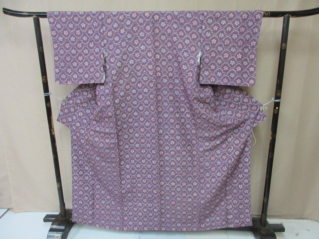 1円 中古 小紋 正絹 着物 縮緬 和服 和服 松皮菱 草花 お洒落 高級 袷 身丈150cm 裄64cm【夢職】★拍卖