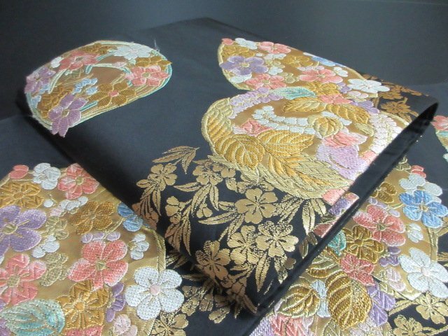 1円 良品 袋帯 正絹 和装 和服 地紙 丸 草花 刺繍 花文 お洒落 六通柄 長さ428cm【夢職】★拍卖