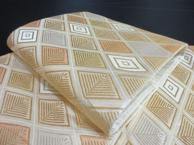 1円 中古 袋帯 正絹 和装 和服 アンティーク 菱 松葉 幾何学 お洒落 六通柄 長さ410cm【夢職】★拍卖