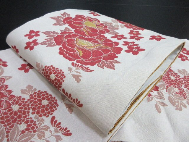 1円 中古 袋帯 正絹 和装 和服 アンティーク レトロ 牡丹 草花 花柄 お洒落 六通柄 長さ350cm【夢職】★拍卖