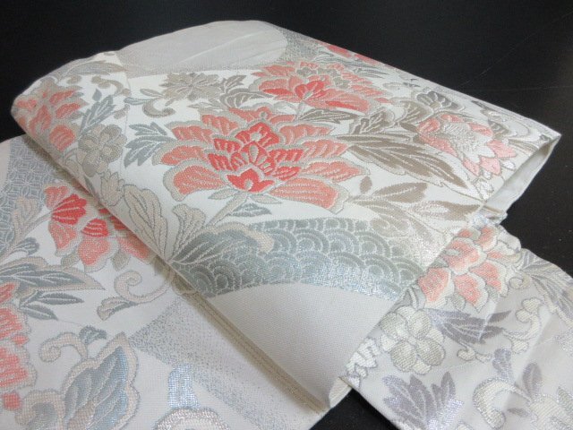 1円 良品 名古屋帯 正絹 和装 和服 草花 青海波 花柄 六通柄 九寸帯 長さ357cm【夢職】★拍卖