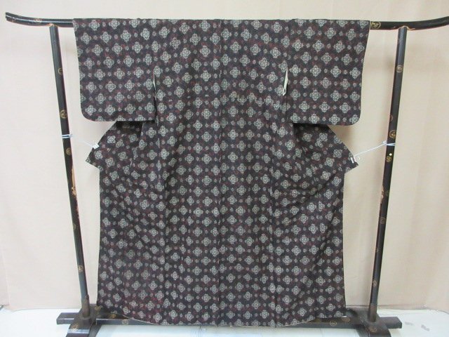 1円 中古 小紋 正絹 着物 縮緬 和服 和服 草花 幾何学抽象 お洒落 高級 袷 身丈146cm 裄62cm【夢職】★拍卖