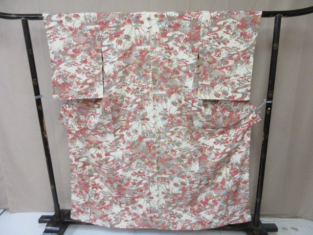 1円 中古 小紋 正絹 着物 縮緬 和服 和服 紅型 流水 四季花 草花 お洒落 高級 袷 身丈148cm 裄64cm【夢職】★拍卖