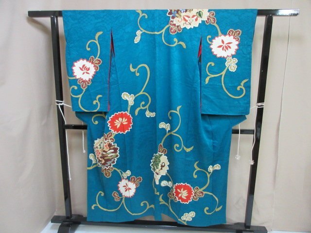 1円 中古 訪問着 正絹 着物 縮緬 式典 和装 和服 アンティーク レトロ 紅絹 花唐草 松 草花 雲 袷 身丈148cm 裄65cm【夢職】★拍卖