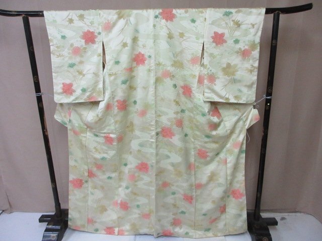 1円 中古 訪問着 正絹 着物 縮緬 式典 和装 和服 流水 菖蒲 草花 紅葉 高級 袷 身丈156cm 裄65cm【夢職】★拍卖