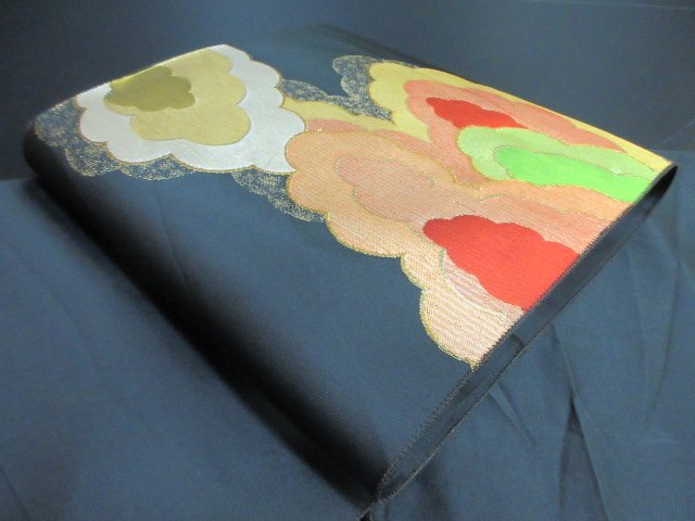 1円 良品 絹 化繊 開き名古屋帯 和装 和服 雲 幾何学 八寸帯 高級 長さ361cm【夢職】★拍卖