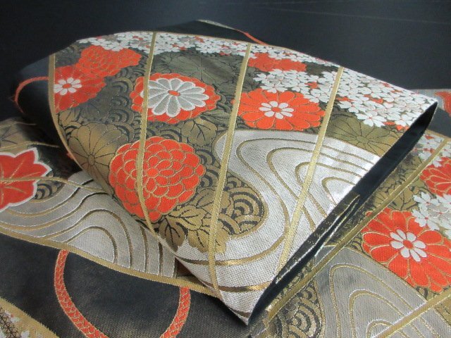 1円 良品 袋帯 正絹 和装 和服 扇子 草花 流水 青海波 花柄 お洒落 六通柄 長さ422cm【夢職】★拍卖