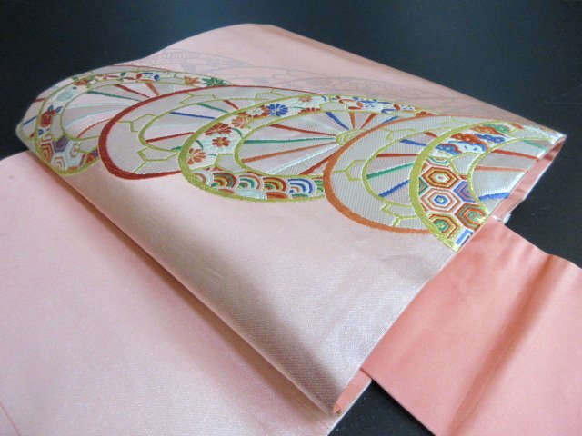 1円 中古 名古屋帯 正絹 和装 和服 アンティーク 片輪車 草花 亀甲 青海波 六通柄 九寸帯 長さ366cm【夢職】★拍卖