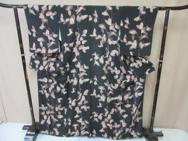 1円 中古 小紋 正絹 着物 縮緬 和服 和服 アンティーク 枝葉 草葉 お洒落 高級 袷 身丈154cm 裄67cm【夢職】★拍卖