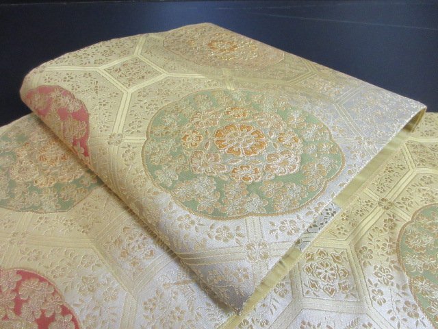 1円 良品 袋帯 正絹 和装 和服 金箔 蜀江文 草花 唐草 お洒落 六通柄 長さ444cm【夢職】★拍卖