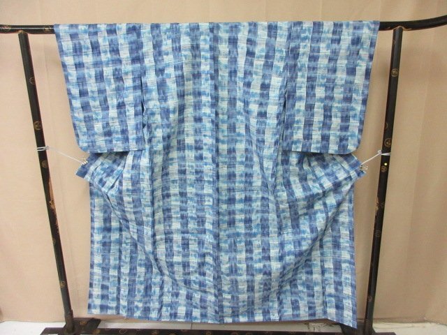 1円 良品 小紋 木綿 着物 縮緬 和服 和服 アンティーク 格子 縞 幾何学 お洒落 高級 単衣 身丈143cm 裄64cm【夢職】★拍卖