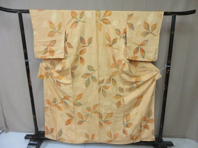 1円 中古 小紋 正絹 着物 縮緬 和服 和服 アンティーク 草 葉 仕立て糸付 お洒落 高級 袷 身丈147cm 裄65cm【夢職】★拍卖