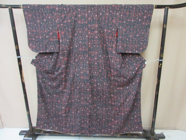1円 中古 小紋 正絹 着物 縮緬 和服 和服 オリエンタル文様 草花 幾何学 お洒落 高級 袷 身丈142cm 裄64cm【夢職】★拍卖