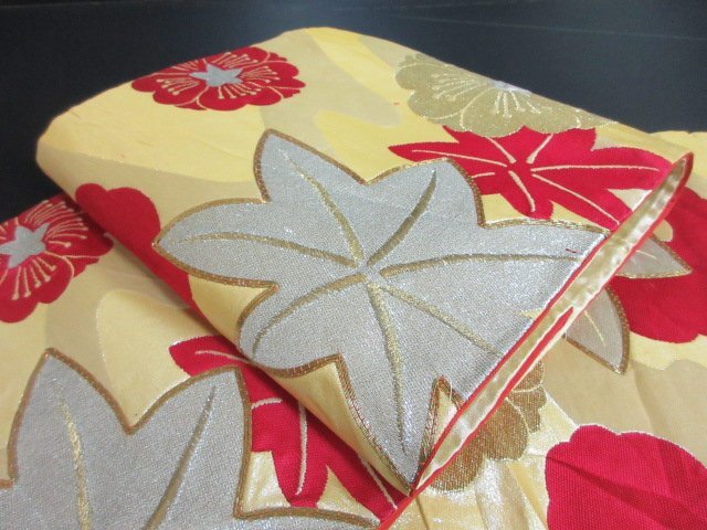 1円 中古 袋帯 正絹 和装 和服 アンティーク レトロ 流水 草花 紅葉 お洒落 六通柄 長さ396cm【夢職】★拍卖