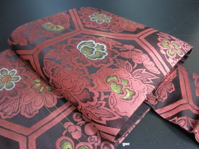 1円 中古 名古屋帯 正絹 和装 和服 アンティーク 亀甲 牡丹 草花 六通柄 九寸帯 長さ330cm【夢職】★拍卖