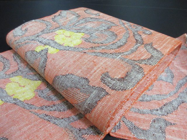 1円 良品 絹 化繊 開き名古屋帯 和装 和服 唐草 葡萄 八寸帯 高級 長さ348cm【夢職】★拍卖