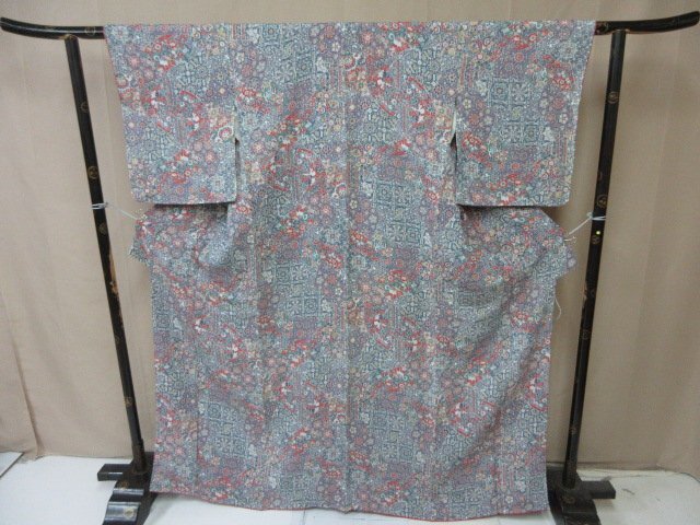 1円 良品 小紋 正絹 着物 縮緬 和服 和服 地紙 唐草 四季花 亀甲 花絵皿 お洒落 高級 袷 身丈156cm 裄69cm【夢職】★拍卖