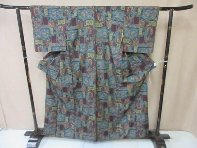 1円 中古 大島紬 正絹 着物 アンティーク 地紙 草花 幾何学抽象 お洒落 高級 袷 身丈147cm 裄63cm ◆逸品◆【夢職】★拍卖