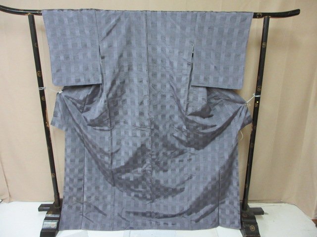 1円 中古 小紋 正絹 着物 縮緬 和服 和服 アンティーク 格子 幾何学抽象 お洒落 高級 袷 身丈162cm 裄67cm【夢職】★拍卖