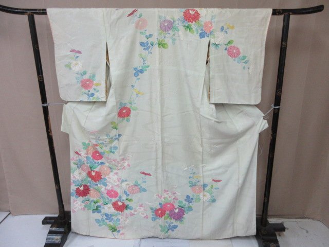 1円 中古 訪問着 正絹 着物 縮緬 式典 和装 和服 アンティーク 草花 流水 枝花 高級 袷 身丈155cm 裄66cm【夢職】★拍卖