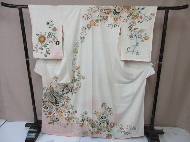 1円 中古 訪問着 正絹 着物 縮緬 式典 和装 和服 桐 オリエンタル文様 草花 高級 袷 身丈157cm 裄65cm【夢職】★拍卖