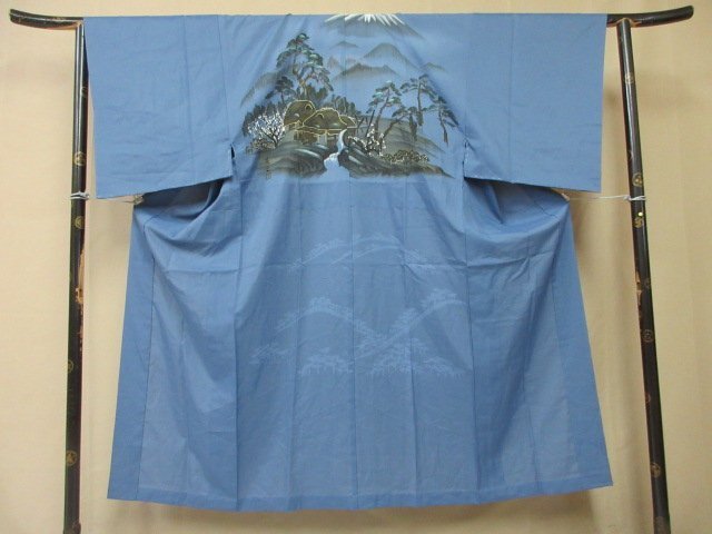 1円 良品 長襦袢 正絹 男性用 和装 和服 作家物 富士山 立木 遠山 水車 家屋 風景 高級 渋カッコいい 身丈138cm 裄72cm【夢職】★拍卖