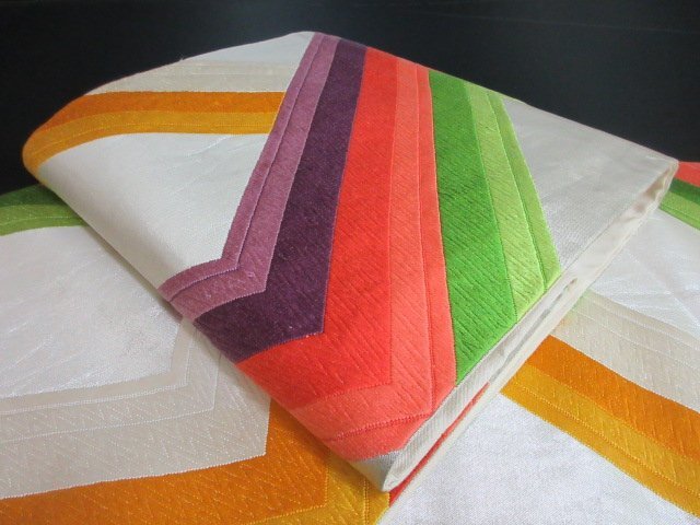 1円 良品 袋帯 正絹 和装 和服 幾何学 抽象 お洒落 六通柄 長さ430cm【夢職】★拍卖