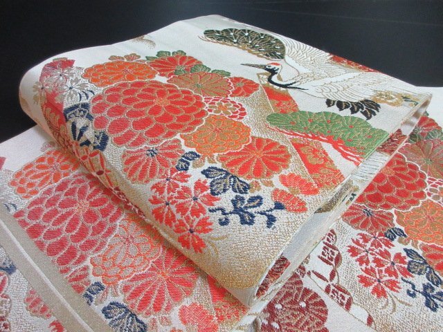 1円 中古 袋帯 正絹 和装 和服 アンティーク 富士山 飛鶴 草花 鷹 片輪車 枝梅 お洒落 六通柄 長さ392cm【夢職】★拍卖