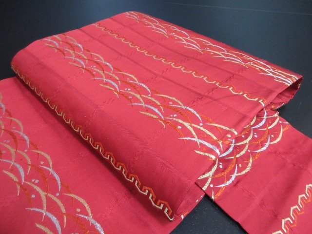 1円 良品 名古屋帯 正絹 和装 和服 芝草 幾何学 六通柄 九寸帯 長さ345cm【夢職】★拍卖