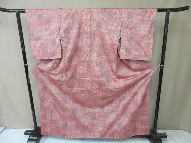 1円 中古 小紋 正絹 着物 縮緬 和服 和服 紬 絣 草花 仕立て糸付 お洒落 高級 袷 身丈153cm 裄65cm【夢職】★拍卖