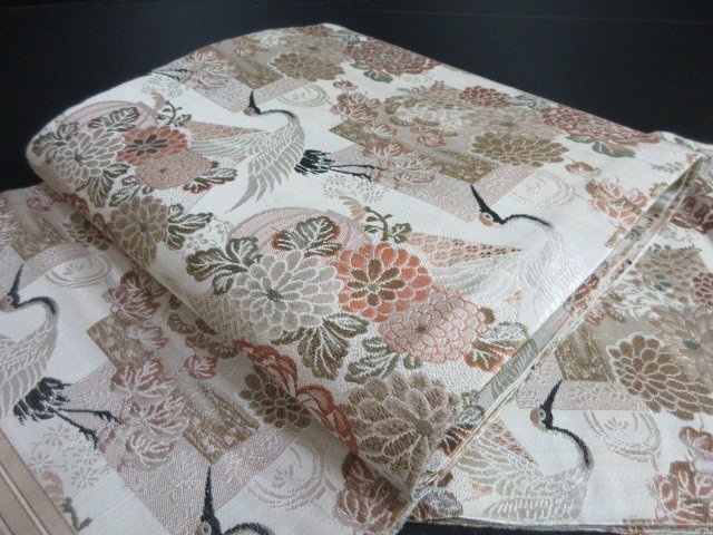 1円 中古 袋帯 正絹 和装 和服 アンティーク レトロ 飛鶴 草花 お洒落 六通柄 長さ392cm【夢職】★拍卖