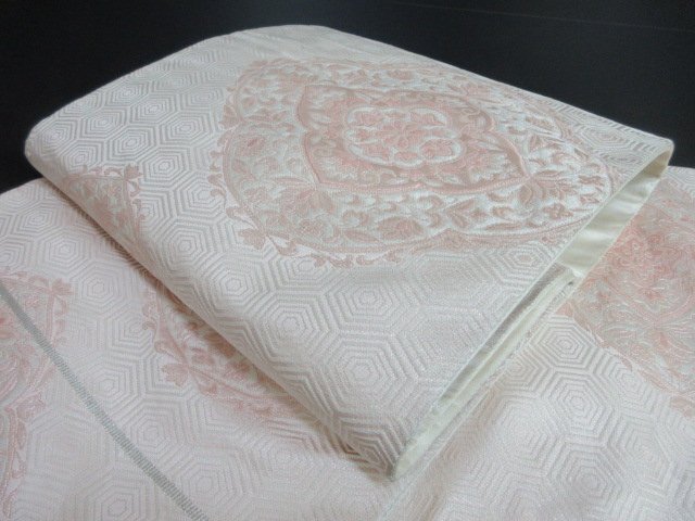 1円 良品 袋帯 正絹 和装 和服 花絵皿 宝相華 亀甲 草花 唐草 お洒落 六通柄 長さ416cm【夢職】★拍卖