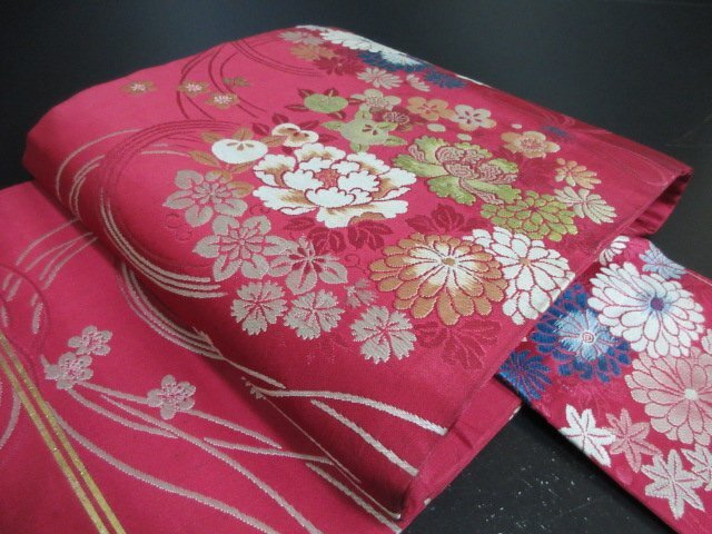 1円 中古 名古屋帯 正絹 和装 和服 薬玉 草花 四季花 六通柄 九寸帯 長さ339cm【夢職】★拍卖