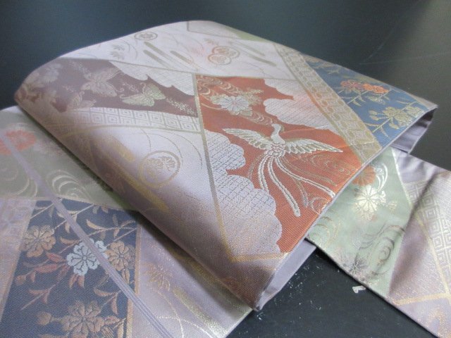 1円 中古 名古屋帯 正絹 和装 和服 鳳凰 観世水 枝垂れ花 菱 雲 蝶々 六通柄 九寸帯 長さ364cm【夢職】★拍卖