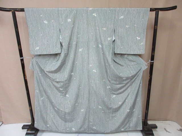 1円 良品 小紋 化繊 着物 洗える 和服 和服 縞 草花 お洒落 高級 袷 身丈151cm 裄64cm【夢職】★拍卖