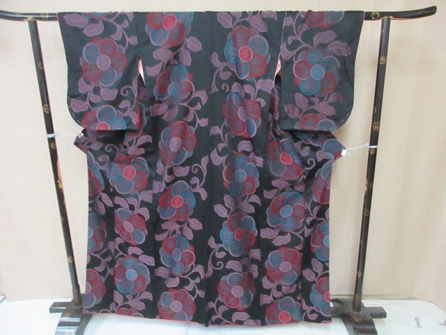1円 中古 小紋 正絹 着物 縮緬 和服 和服 アンティーク レトロ 花柄 唐草 お洒落 高級 袷 身丈148cm 裄65cm【夢職】★拍卖