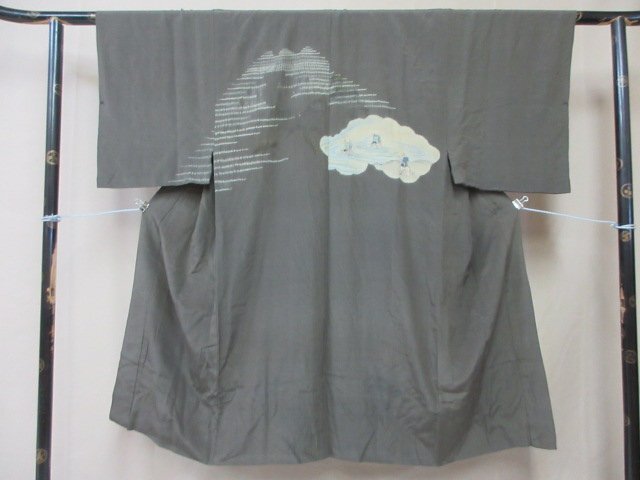 1円 中古 長襦袢 正絹 男性用 和装 和服 絞り 暈し 雲 川渡 人物 高級 渋カッコいい 身丈120cm 裄64cm【夢職】★拍卖