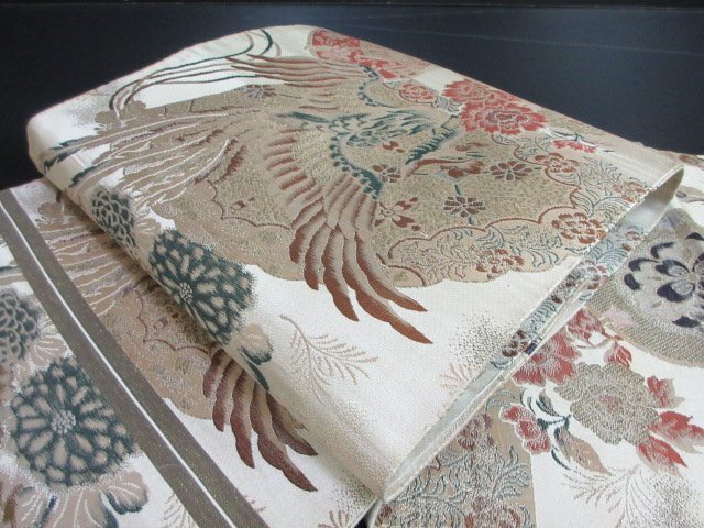 1円 中古 袋帯 正絹 和装 和服 孔雀 鼓 草花 四季花 扇子 お洒落 六通柄 長さ382cm【夢職】★拍卖