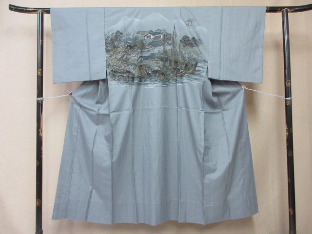 1円 良品 長襦袢 正絹 男性用 和装 和服 作家物 漁船 家屋 立木 遠山 風景 高級 渋カッコいい 身丈134cm 裄64cm【夢職】★拍卖