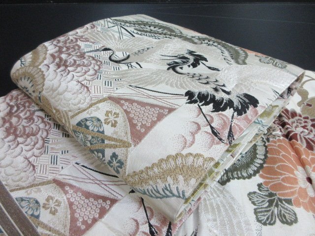 1円 良品 袋帯 正絹 和装 和服 飛鶴 鼓 松 草花 お洒落 六通柄 長さ392cm【夢職】★拍卖