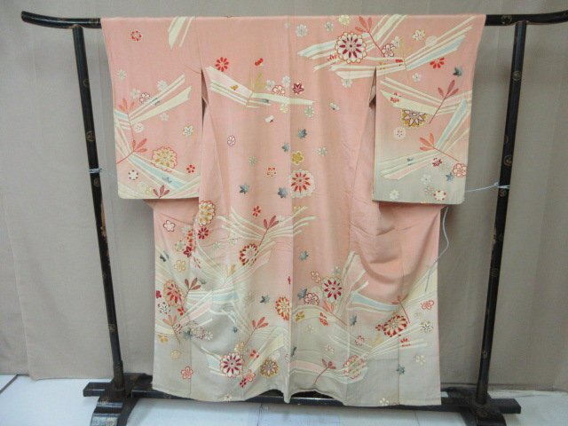1円 中古 訪問着 正絹 着物 縮緬 式典 和装 和服 アンティーク レトロ 草花 花柄 高級 袷 身丈141cm 裄64cm【夢職】★拍卖