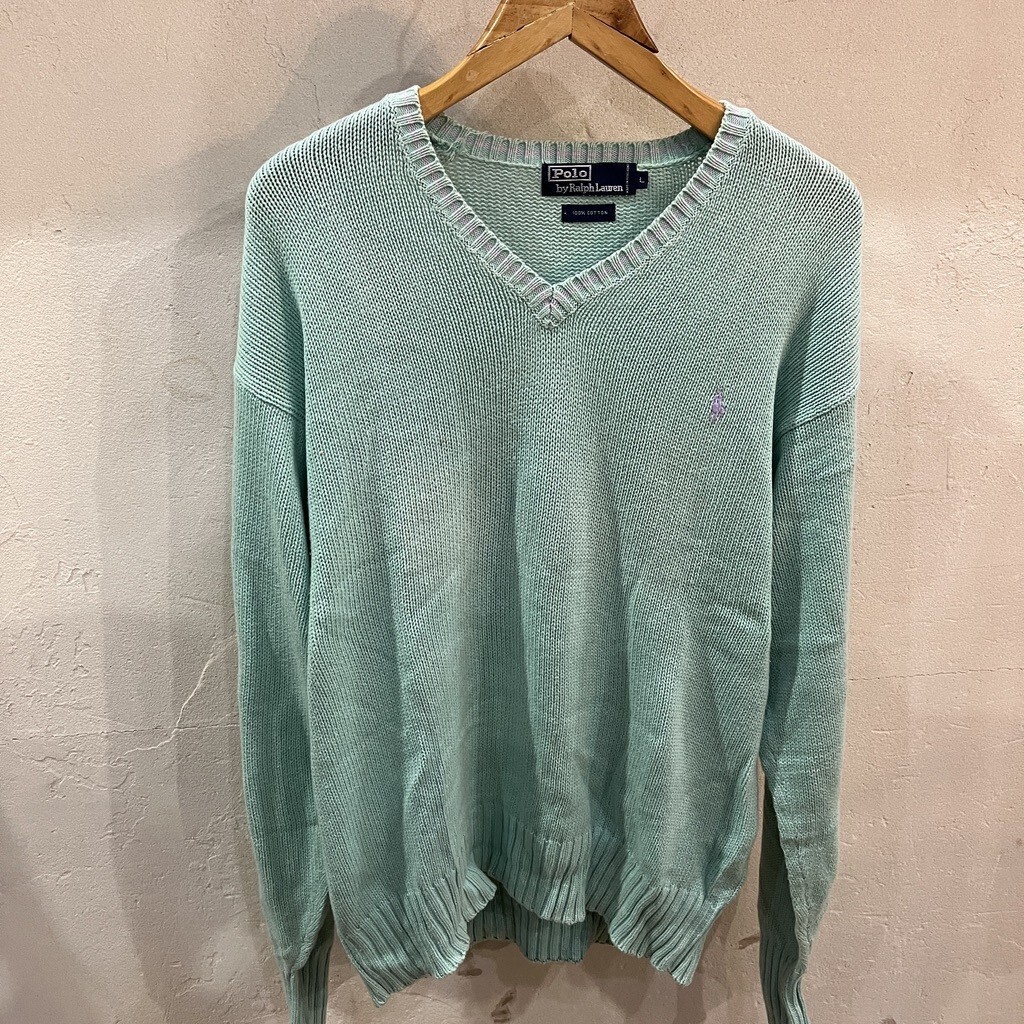 POLO Ralph Lauren/ポロラルフローレン Vネックセーター コットンニット ニットセーター ロゴ刺繍 ライトグリーン メンズ Lサイズ used拍卖