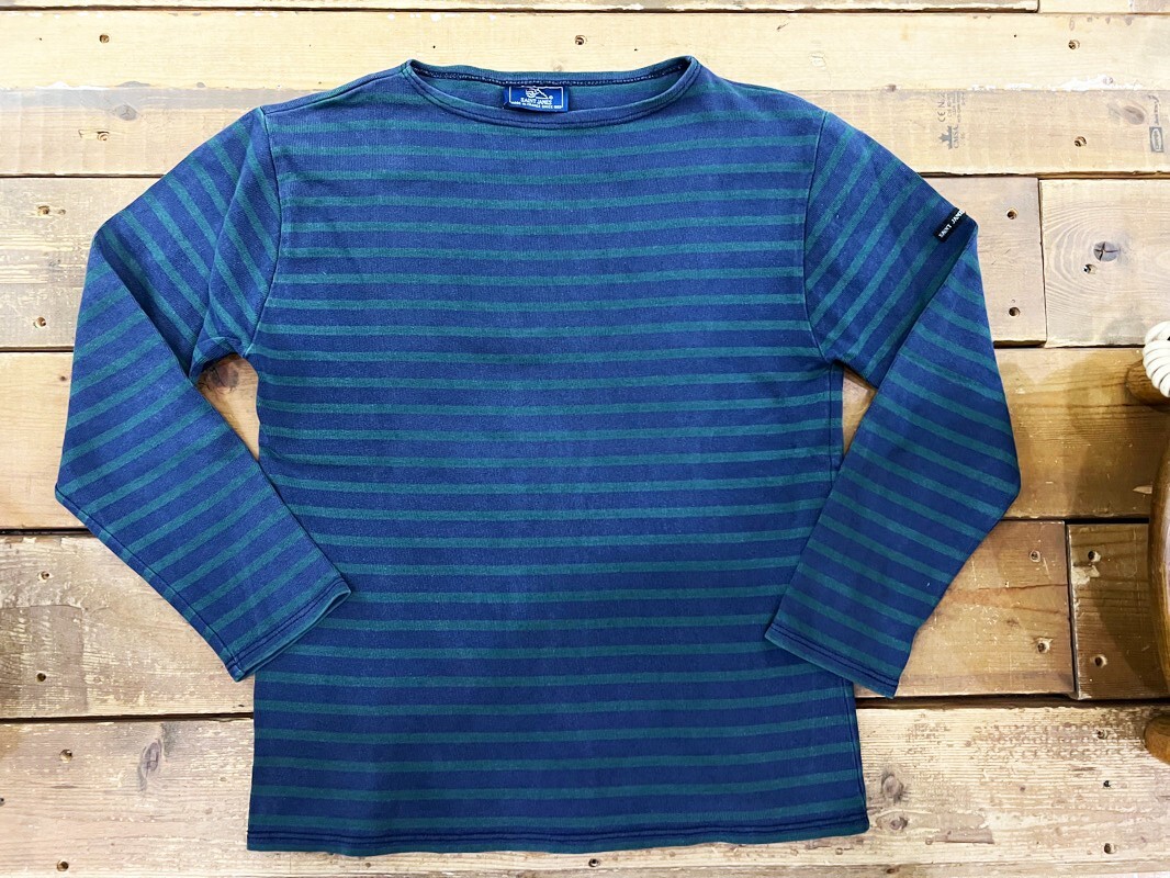 4506★Made in France SAINTJAMES/セントジェームス ウェッソン ボーダーバスクシャツ ネイビー×グリーン メンズメンズM程度 USED★拍卖