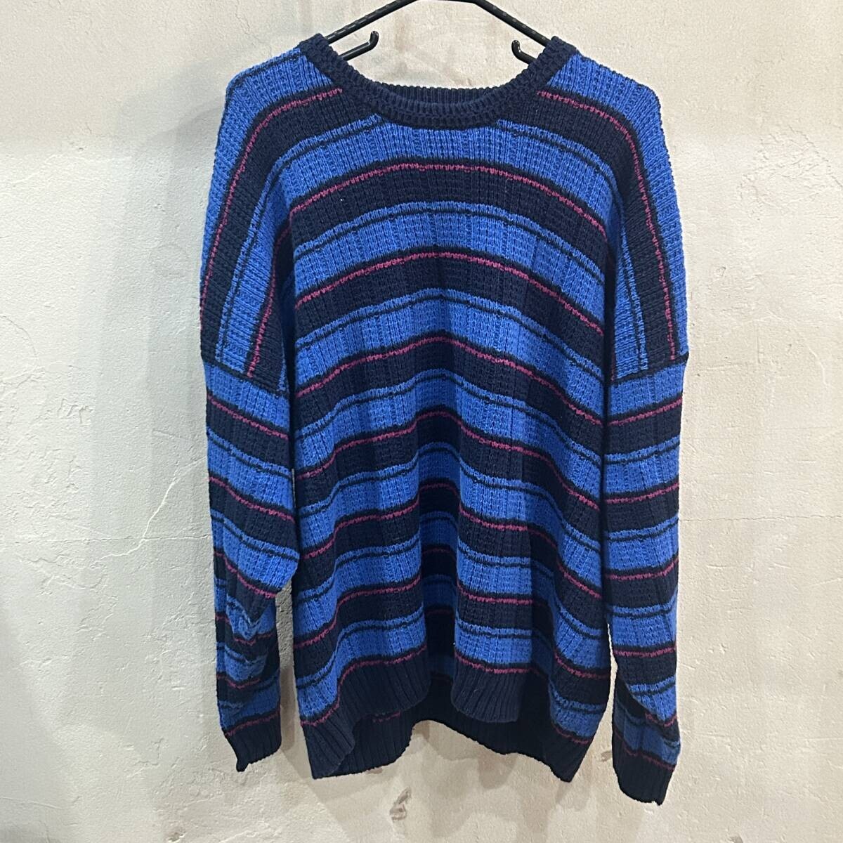 AMERICAN WEEKEND/アメリカンウィークエンド マルチボーダー ラミー コットンニット 長袖ニット ブルー ブラック ピンク メンズ XXL used拍卖